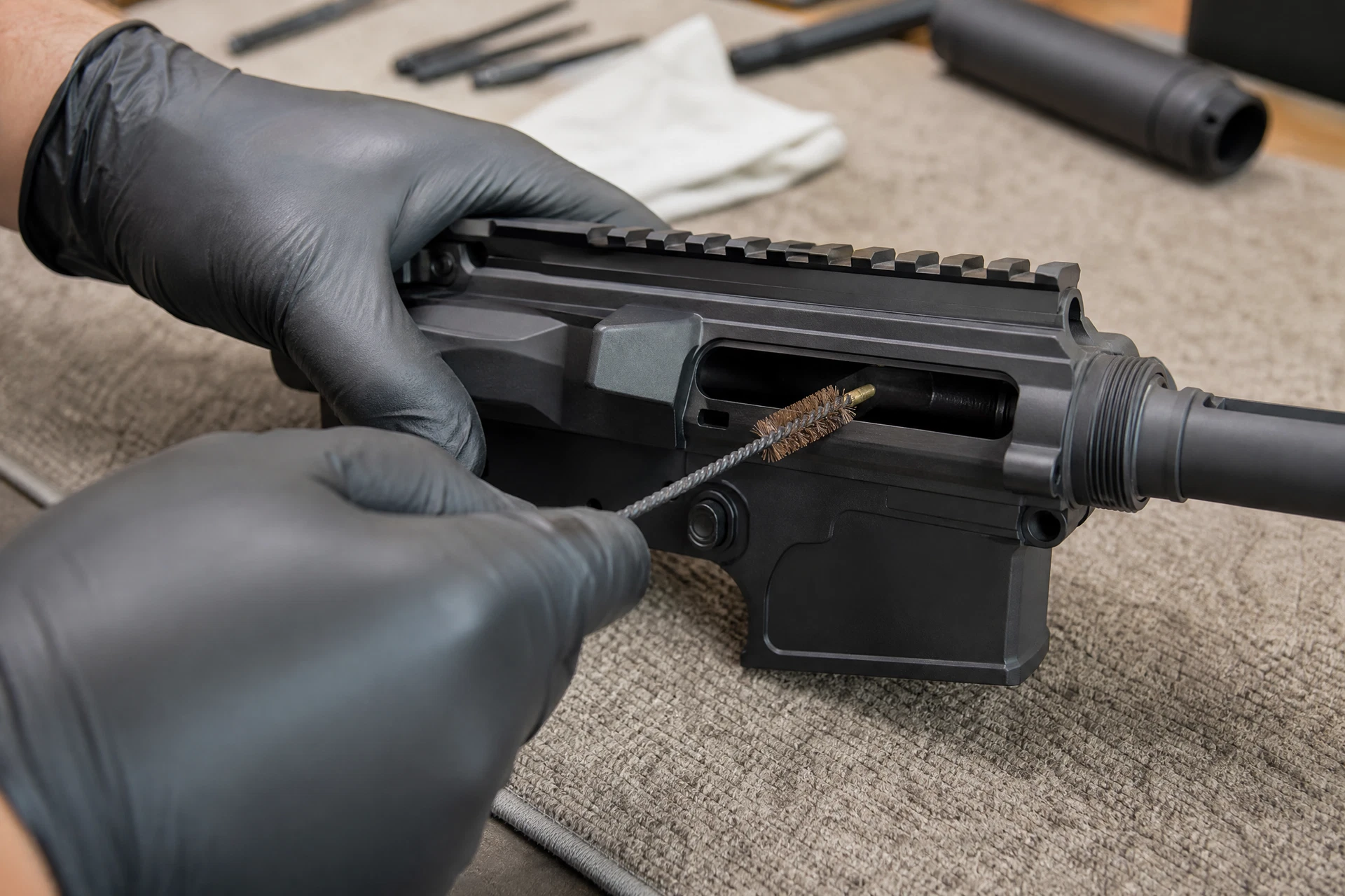 AR-15 cleaning kit chamber brush used on an unloaded rifle with an open action