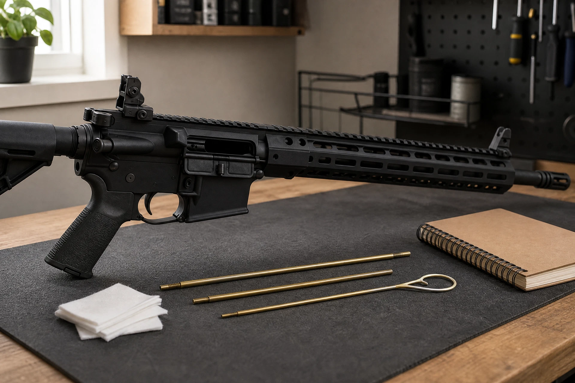 AR-15 cleaning kit parts and patches organized beside an unloaded rifle on a bench mat
